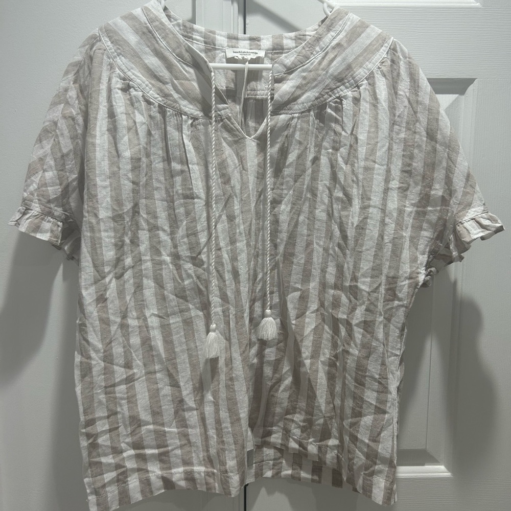 beachlunchlounge Striped Linen Tie-Neck Top in White & Beige